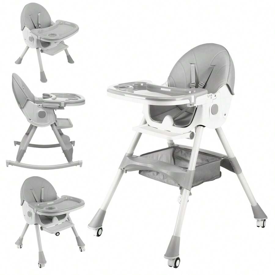 Baby High Chair 3 In 1 Highchair Adjustable Height 3 Positions Rocking Seat Convertible High-Chair Portable RockingChair Foldable Baby Dining Chair With Removable Tray Grey - Grey - View 1