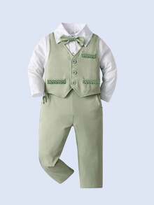 BOARNSEORL 男婴绅士套装三件套：白色长袖衬衫配领结、绿色马甲和裤子，时尚优雅，适合生日派对、聚会、晚宴等场合。 - 綠色 - 查看 3