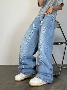 1条破洞做旧牛仔裤，宽松休闲街头风阔腿牛仔裤（不含腰带和配饰） - 藍色 - 查看 4