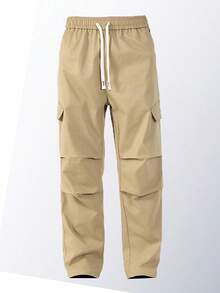 Men's Casual Cargo Pants, 100% Polyester Non-Stretch Woven Fabric, Regular Fit, With Elastic Waistband And Flap Pocket, Outdoor Utility Pants - Khaki - View 2