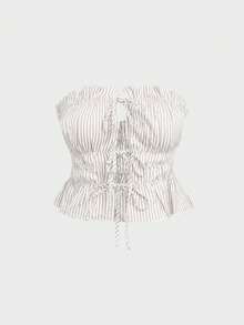 Bộ 2 quần kẻ sọc và áo crop top kẻ sọc buộc vạt trước, màu mơ - Màu be - Xem 5