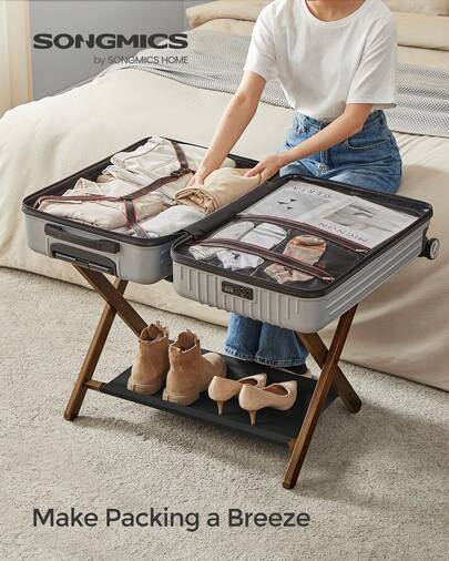 SONGMICS Luggage Rack, Folding Suitcase Stand With Storage Shelf, For Guest Room, Hotel, Bedroom, Heavy-Duty, Holds Up To 131 Lb