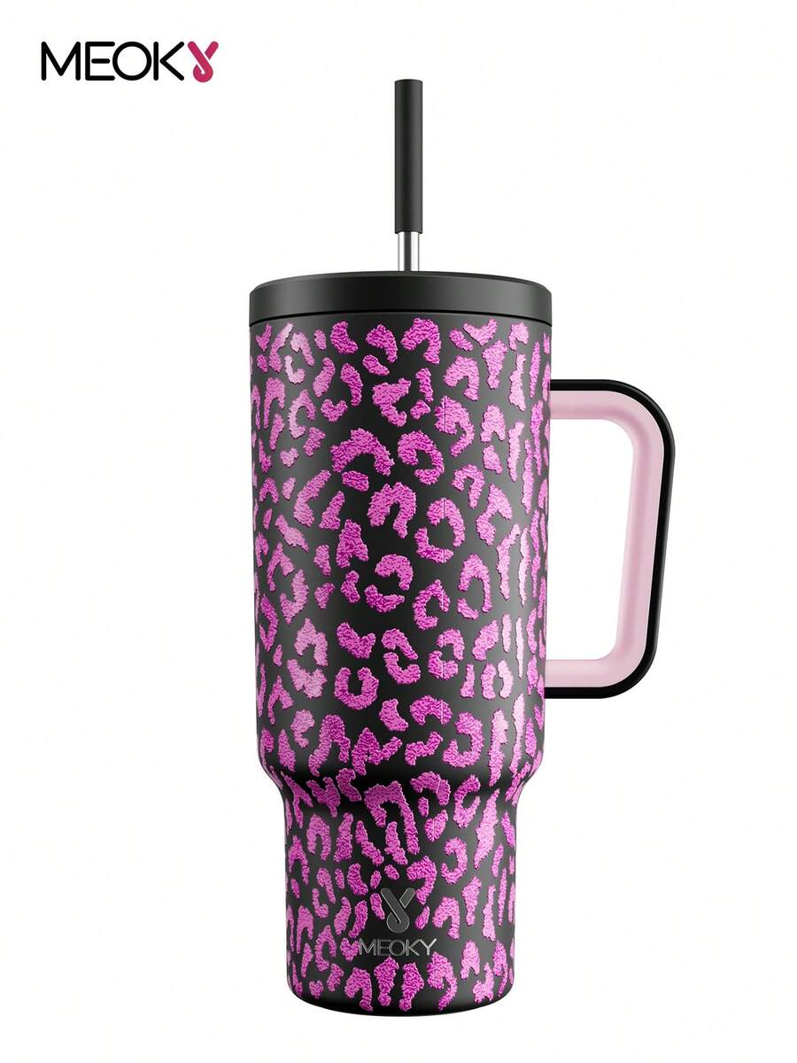 Meoky 40盎司带手柄吸管保温杯，真空隔热水瓶，带吸管盖，不锈钢旅行杯，100%防漏，保冷34小时或保热10小时 - 黑色 - 查看 1