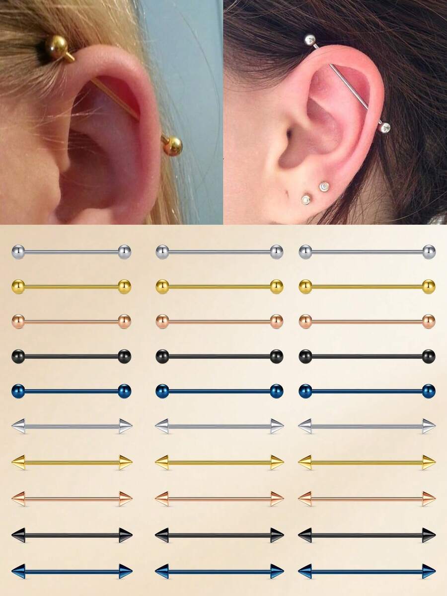 1pc Funky Stainless Steel Spiked 14G Industrial Barbell For Women Men For Daily Decoration, 32/35/38mm Industrial Piercing Jewelry Cartilage Earring Helix Conch Tragus Iindustrial Bar