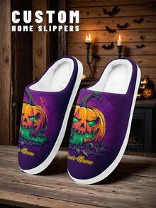 Pantoufles personnalisées pour hommes pour Halloween, chaussons d'intérieur moelleux avec design citrouille, ultra doux, chauds et confortables pour hommes et femmes, cadeau d'Halloween amusant pour maman/papa/elle/lui/petite amie/petit ami/épouse/mari/ami - Multicolore - Voir 3
