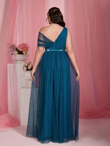 Mgiacy、新品、单肩、不对称、亮片、优雅、大码伴娘礼服、腰带、覆盖、网眼、A 字裙、适合、毕业、婚礼嘉宾、派对礼服、婚礼嘉宾礼服、晚礼服 - 水鴨藍 - 查看 2