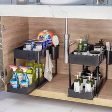 1set Under Sink Organizer, 2-Tier Sliding Cabinet Basket Organizer Drawers, Under Sink Organizers And Storage Bathroom Kitchen Cabinet Organizer With Hooks Cup The Bottom Drawers Can Be Slid Out, Kitchen Accessories, Home Decor, Party & Christmas Storage
