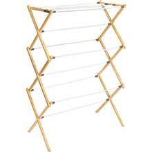 Household Essentials Clothes Drying Rack, Stabile Wood Frame With Slanted Feet, Smooth Vinyl Wrapped Rods, 23.8 Feet Of Hanging Space, Ready To Assemble, Flat Top, Natural - 天然/白松 - 查看 1