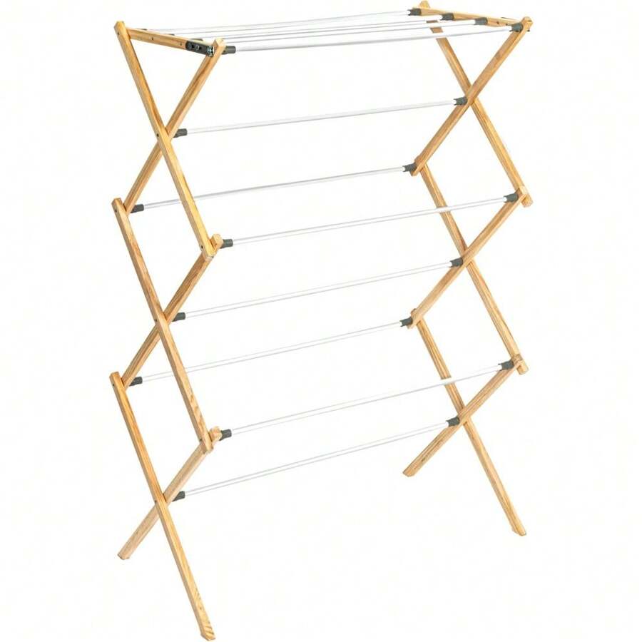 Household Essentials Clothes Drying Rack, Stabile Wood Frame With Slanted Feet, Smooth Vinyl Wrapped Rods, 23.8 Feet Of Hanging Space, Ready To Assemble, Flat Top, Natural - 天然/白松 - 查看 1
