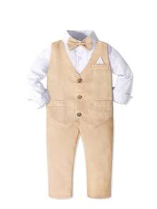 四件套男童修身正装套装，包括白色衬衫、纯色马甲、领结和裤子，时尚优雅的男童绅士装束，适合婚礼、节日和选美比赛等场合。 - 卡其色 - 查看 3