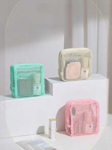 Bolsa de malla multiusos de alta calidad con textura de color macaron (estilo de cordón con colores aleatorios) Bolsa para toallas sanitarias, bolsa de almacenamiento de cosméticos, bolsa de maquillaje para damas, bolsa de almacenamiento de tampones para niñas, adecuada para viajes, vuelos, negocios, familia, campamento, al aire libre, playa, vacaciones de verano, regreso a la escuela, bolsa de lavado, bolsa de lavado, bolsa de viaje de lavado