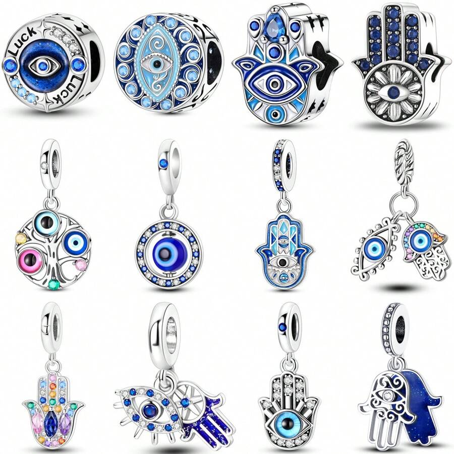 1 件银色精致蓝色珐琅锆石幸运 Hamsa 手掌邪眼宗教保护魅力适合原创手链项链吊坠珠子适用于 DIY 珠宝制作女士女孩生日珠宝礼物送给朋友