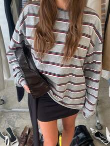 Camisetas a rayas para mujer, informales, holgadas, con cuello redondo y manga larga, ropa de calle moderna para otoño - Gris - Ver 6