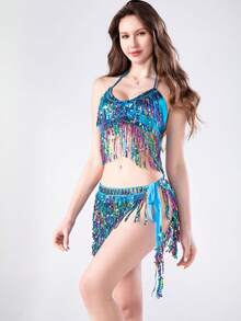 Glitter Sequin Tassels Dress Sets Women 2 Pieces Outfits Crop Tight Cami Tops Bag Hip Mini Skirts Sparkle Fringe Suit Halloween - Multicolor - View 21