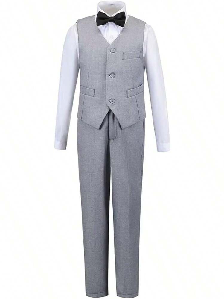Boys Slim Fit 4-Piece Formal Suit Set - Vest, Pants & Shirt For Kids, Boys' Formal Wear For Weddings, Parties, School Events (2-14Y) - 淺灰色(領結) - 查看 2