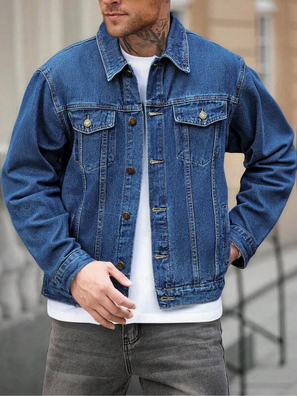 Men's Long Sleeve Fashion Casual Street Multi-Pocket All-Match Denim Jacket, American Versatile Simple Denim Outerwear, Fall