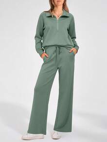 Women's 2 Piece Outfits Casual Lapel Half Zip Sweatshirts And Wide Leg Pants Tracksuit Sets - xám xanh - Xem 5