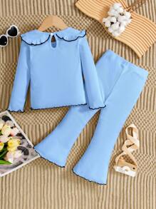 Girls Casual Elegant White Knitted Long Sleeve Top And Flared Pants Set. Refined And Minimalist White Design With Bow Accent, Flare Leg Silhouette, Comfortable And Clean Yet Graceful. Suitable For Daily Wear And Outings, Spring/Autumn - Blue - View 2