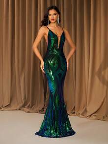 Green Deep V-Neck Sequin Backless Long Evening Gown (Front Top Half, Random Floral Pattern On Back, Not Matched) - Green - View 5