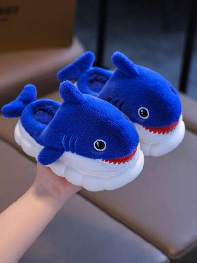 1 Pair Cute Shark Design Children's Slippers, Plush Cartoon Indoor Shoes For Toddler Boys, Winter