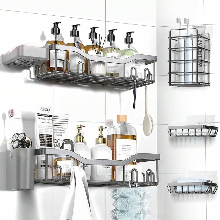 Shower Caddy Adhesive Shower Organizer 7-Pack, Rustproof Stainless Steel Bathroom Shelves, Large Capacity No-Drill Rack Storage Accessories With Soap Dish Toothbrush Holder &24 Hooks Home Decor - 灰色 - 查看 1