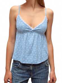 Women Camisole, Sleeveless Tops V-Neck Backless Lace Trim Floral Summer Vest For Party Club - 藍色 - 查看 6