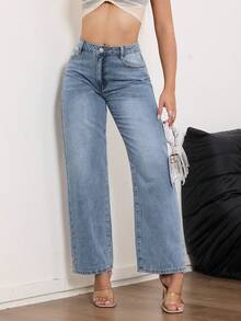 Women's High Waisted Wide Leg Jeans - Light Wash Straight Denim Pants Relaxed Fit Minimalist Aesthetic - 淺色水洗藍 - 查看 5