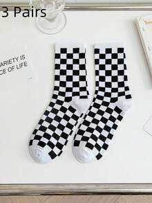 1 Pair Solid Color Checkerboard Pattern Unisex Mid-Calf Socks, Casual Sports Outdoor Wear, Fall - Green - View 12