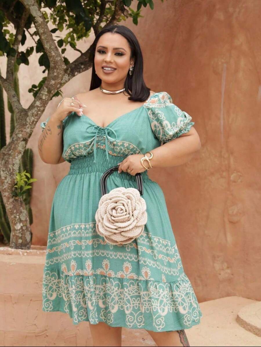 Plus Size Midi Dress With Pull-On Hem, Lined With Viscose - The Summer's Darling! - 薄荷綠 - 查看 1