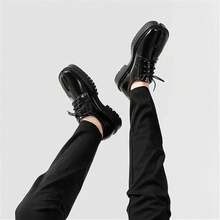 Split Toe Loafers For Women Tabi Shoes Platform Chunky Heel Loafers Lace Up Business Casual Black Leather Shoes - 黑色 - 查看 5