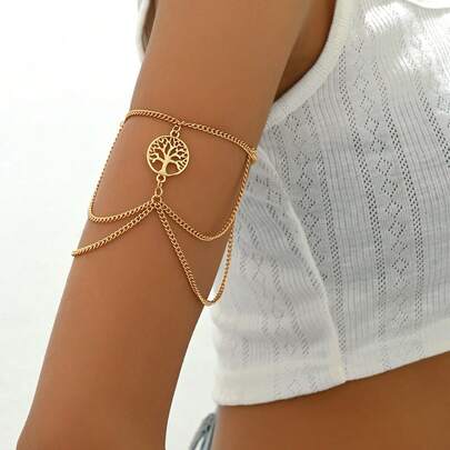 1pc Fashionable & Unique Metal Chain Life Tree Arm Bracelet, Stylish Daily Accessory For Women