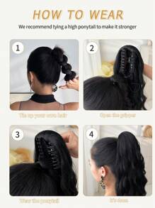 32英寸长款波浪卷马尾假发，合成耐热爪式卷曲波浪马尾假发，女士适用 - 黑色 - 查看 10