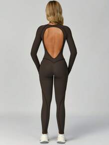 MASKERT 女士运动服瑜伽服连体裤跑步运动健身服高弹瑜伽服居家休闲舒适亲肤塑身连体衣 - 咖啡棕 - 查看 2