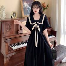 فستان أنيق أنثوي بأكمام قصيرة وشريط من الساتان بأسلوب لوليتا الفرنسي الرجعي، مناسب للارتداء اليومي العادي وأزياء هالوين