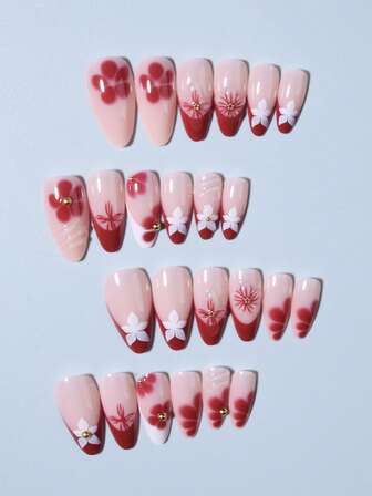 24 piezas de decoración de flores de gel 3D con forma de almendra y cuentas doradas, pegatinas de uñas francesas rojas, perfectas para el kit de uñas acrílicas, incluye 1 botella de gel de gelatina y 1 lima de uñas, adecuado para mujeres y niñas para uñas DIY para uso diario, trabajo, estudio y fiesta