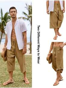 Runcati Mens Drawstring Linen Harem Capri Pants 3/4 Shorts Casual Beach Yoga Hippie Thai Pants - Màu vàng - Xem 4