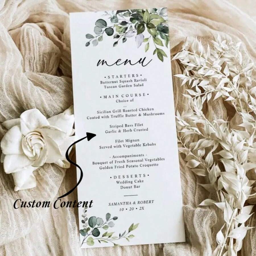 5/20/50 piezas Tarjetas personalizadas del menú de boda, Tarjetas de mesa del menú de boda personalizadas, Tarjetas del menú de restaurante - Blanco - Ver 1