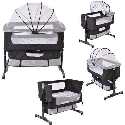 Multifunktionales, höhenverstellbares Babybett, tragbar, mit Rollen, Spielbett, geeignet für Babys von 0 bis 36 Monaten, Tragkraft 50 kg, 92*58*70-90 cm (dunkelgrau/schwarz)