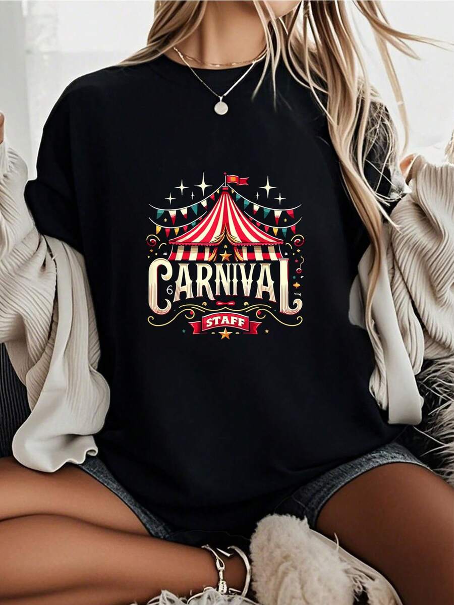 Staff Circus Matching-Shirt         Graphic Tees Women Crop Tops Summer Tops Outfits Women Summer Tops Tops-Shirt - 黑色 - 查看 1