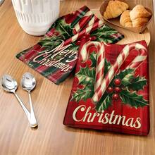 1 set/1 pièce/2 pièces Serviettes de cuisine et gants de vaisselle imprimés de cannes de Noël, convenant à la décoration intérieure des restaurants, cuisines et salles de bain, à la décoration de fête, aux cadeaux de vacances et pouvant également être offerts en cadeaux de Noël