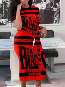 Plus Size Fashion Women's Letter Print Short Sleeve Top Drawstring Skirt Set - 紅色 - 查看 1