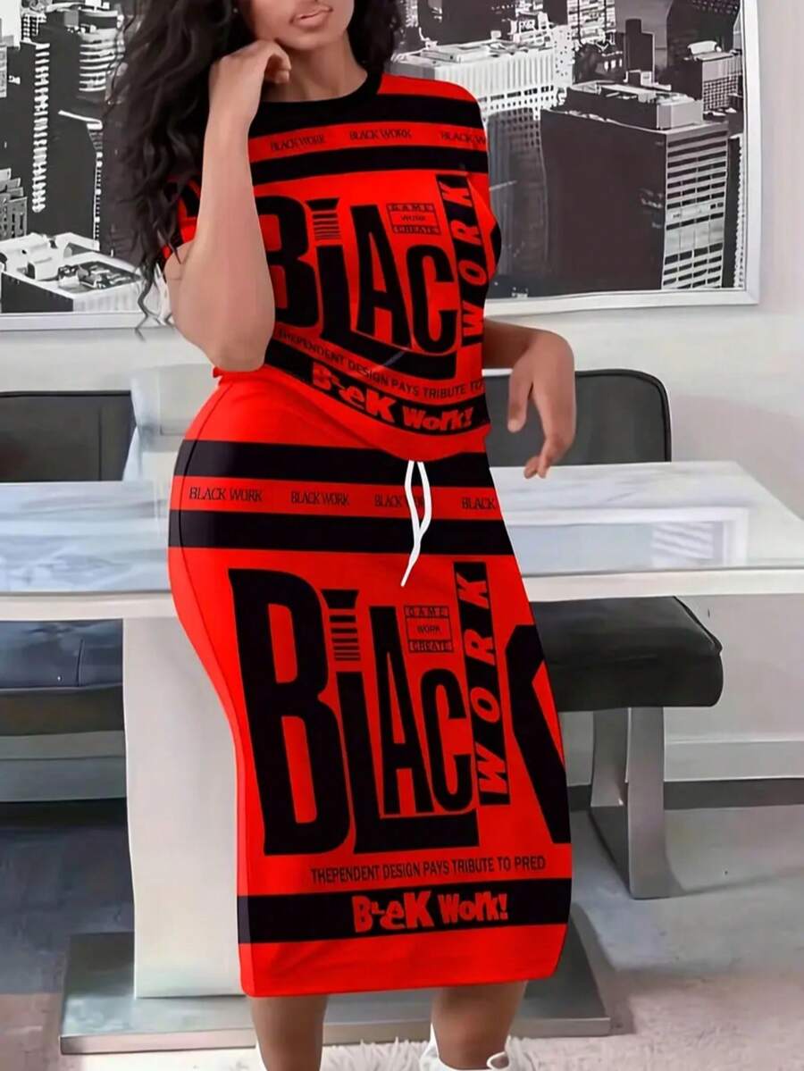 Plus Size Fashion Women's Letter Print Short Sleeve Top Drawstring Skirt Set - 紅色 - 查看 1