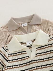 2 件男婴秋冬黑白棕条纹长袖上衣和米色长袖 Polo 领衬衫套装
