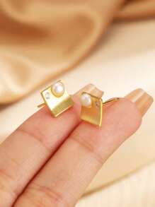 1 Pair S925 Sterling Silver Earrings With Natural Freshwater Pearl And Diamond, Minimalist Design, Suitable For Daily Wear, Elegant Gift For Mother, Girlfriend - Gold - View 2