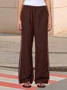 Women Wide Leg Pants Casual Side Stripe Elastic Waist Loose Trousers For Work Office Streetwear - 咖啡棕 - 查看 3