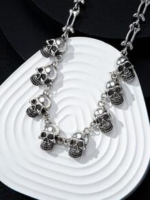 1pc Gothic Style Exaggerated Multiple Skull Connected Choker Necklace, Unique Skull Chain Necklace, Halloween Gift Accessory, Charm & Quirky Personalized Necklace - Antique Silver - View 5