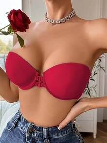 Áo ngực không dây cài trước, nâng ngực cho nữ, họa tiết trái tim, hở lưng, đồ lót không dây vô hình, đồ lót gợi cảm có dây đeo có thể điều chỉnh, áo ống, tuyệt vời cho váy hở lưng, áo ngực có gọng chống trượt, chống lộ - Đỏ - Xem 7