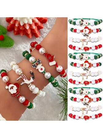 4 件优雅圣诞饰品手链套装，适合女性，包括可爱的圣诞老人、驯鹿和手套珠饰，节日礼物，派对配饰 - 适合所有季节