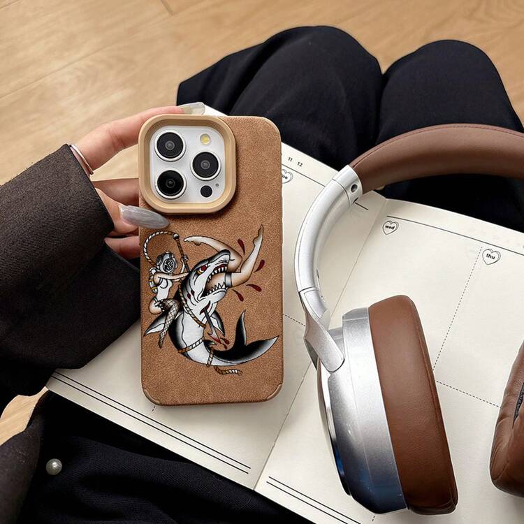 Funda de alta calidad con diseño de buzo y tiburón. Resistente a golpes y caídas. Funda de TPU con diseño de piel de oveja. Compatible con phone 15 PRO y 16 PRO. Funda para móvil de moda SHJC2355 (compatible con los modelos 14 Plus, 13 RRO, 12, 11 Pro, XS, X y XR). - Caqui - Añade 3