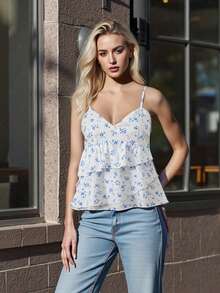 Women's Maternity Camisoles Spaghetti Straps Floral Pattern Ruffled V Neck Crop Tank Tops For Summer - Blue - View 2